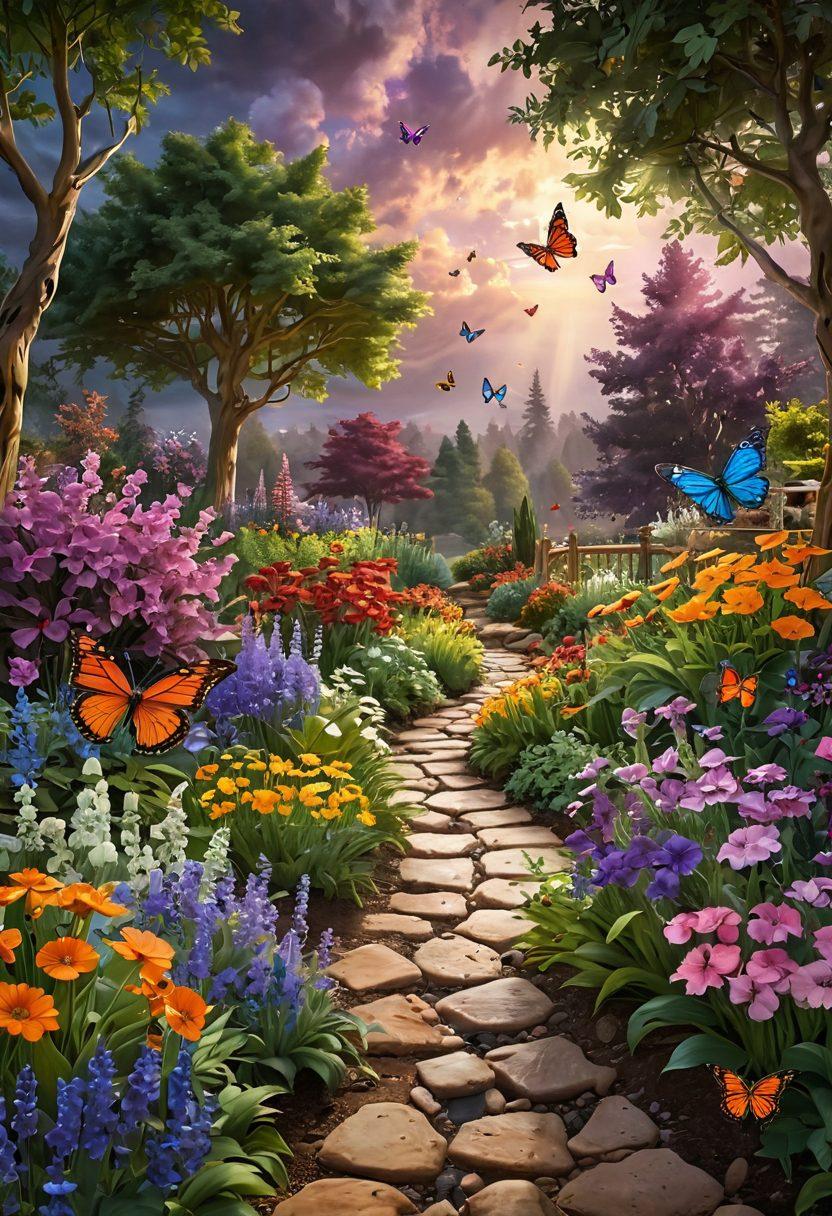 An inspiring journey depicting a vibrant landscape transitioning from a dark, stormy area symbolizing cancer diagnosis to a bright, flourishing garden representing wellness and thriving health. Include elements like supportive caregivers, diverse individuals engaging in wellness activities, and butterflies symbolizing transformation. Use warm, uplifting colors and soft lighting to evoke hope and resilience. super-realistic. vibrant colors. 3D.
