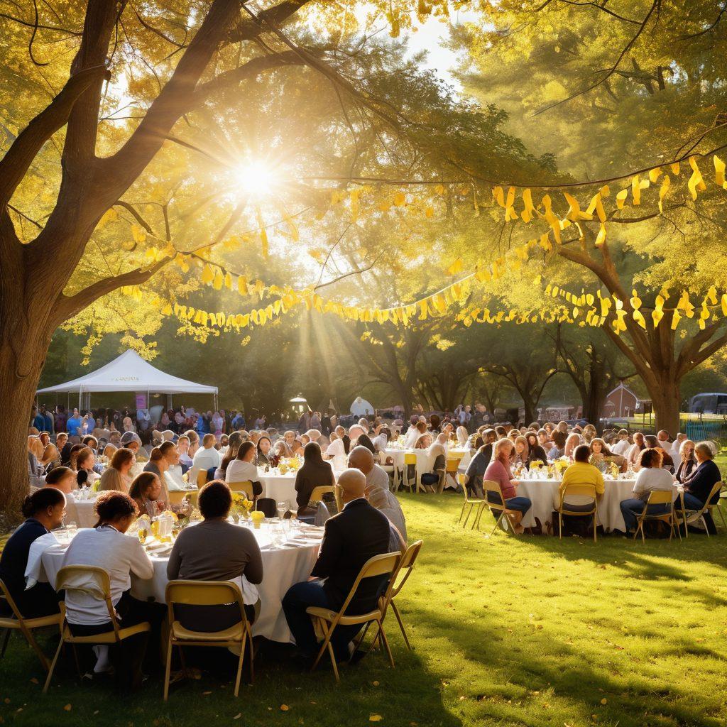 A vibrant community gathering centered around a supportive advocacy group, featuring diverse individuals sharing stories and resources about cancer treatment. The image should include symbols of hope, like yellow ribbons and flowers, with a warm and inviting atmosphere. Soft sunlight filters through trees, creating a sense of connection and empowerment. super-realistic. vibrant colors. warm lighting.