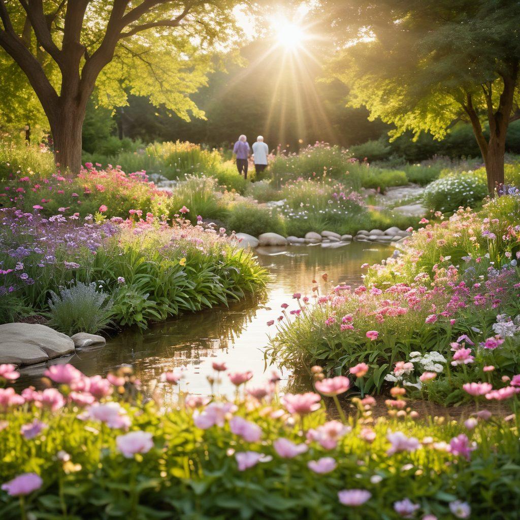 A serene landscape depicting a diverse group of individuals, including patients and caregivers, supporting one another in a garden of blooming flowers symbolizing hope and resilience. Gentle sunlight bathes the scene, highlighting their interactions with warm, compassionate expressions. Include symbols of wellness, like a butterfly and a gentle stream, to represent the journey through cancer treatment. soft focus, vibrant colors, inspirational atmosphere.